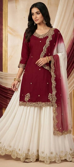 Red and Maroon color Salwar Kameez in Crepe Silk fabric with Embroidered, Sequence work