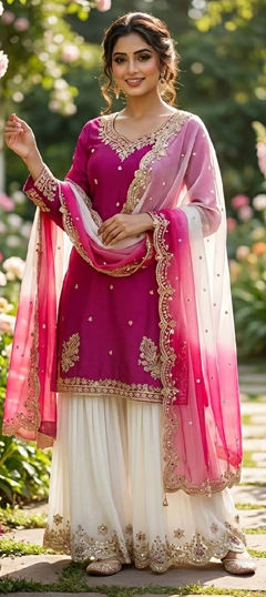 Pink and Majenta color Salwar Kameez in Crepe Silk fabric with Embroidered, Sequence work