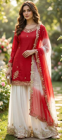 Red and Maroon color Salwar Kameez in Crepe Silk fabric with Embroidered, Sequence work