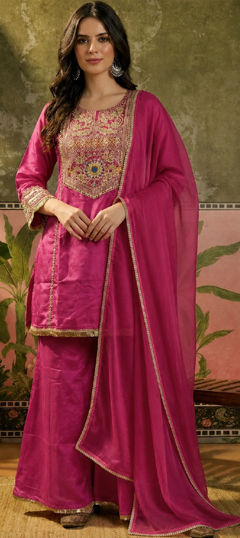 Pink and Majenta color Salwar Kameez in Crepe Silk fabric with Embroidered, Mirror, Sequence work
