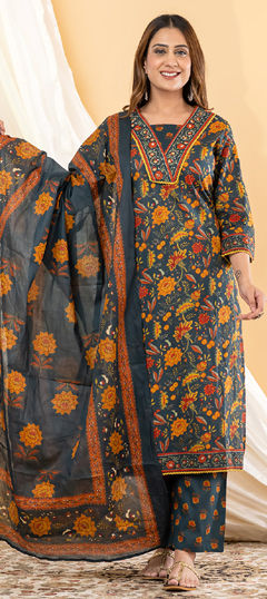 Blue color Salwar Kameez in Cotton fabric with Bugle Beads, Floral, Printed, Sequence work