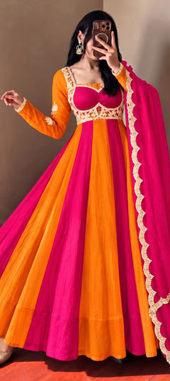 Orange, Pink and Majenta color Gown in Tissue fabric with Embroidered work