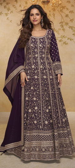 Purple and Violet color Gown in Georgette fabric with Embroidered work