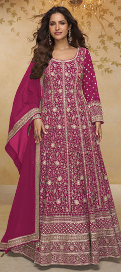 Pink and Majenta color Gown in Georgette fabric with Embroidered work