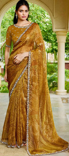 Yellow color Saree in Satin Silk fabric with Embroidered, Moti, Stone work