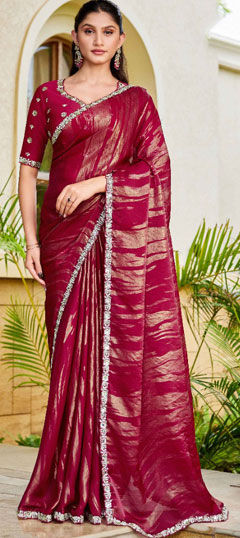 Pink and Majenta color Saree in Satin Silk fabric with Embroidered, Mirror, Moti, Sequence work