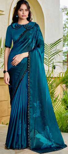 Blue color Saree in Satin Silk fabric with Bugle Beads, Cut Dana, Sequence work