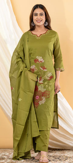 Green color Salwar Kameez in Mul Cotton fabric with Embroidered work