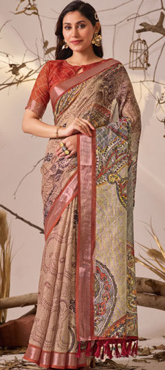 Beige and Brown color Saree in Linen fabric with Printed work