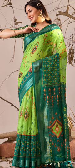 Green color Saree in Linen fabric with Printed work