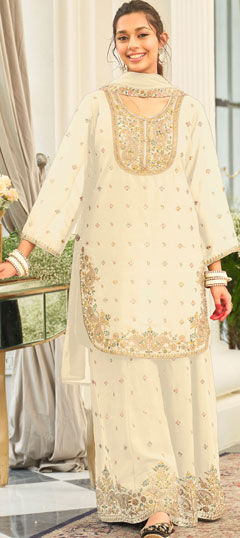White and Off White color Salwar Kameez in Chinon Silk fabric with Embroidered, Sequence, Zari work