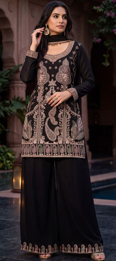 Black and Grey color Salwar Kameez in Chinon Silk fabric with Bugle Beads work