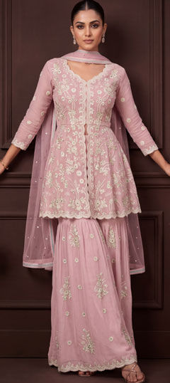 Pink and Majenta color Salwar Kameez in Georgette fabric with Embroidered, Sequence work