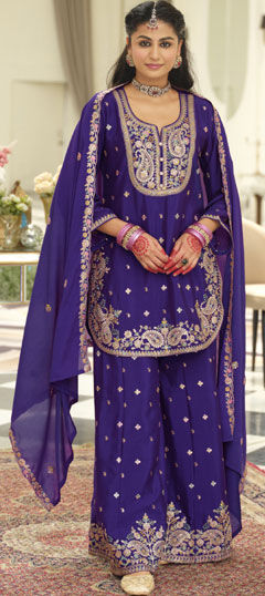 Purple and Violet color Salwar Kameez in Chinon Silk fabric with Embroidered, Sequence, Zari work