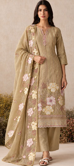Beige and Brown color Salwar Kameez in Shimmer fabric with Embroidered, Zari work