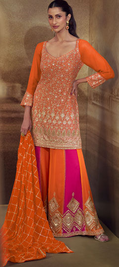 Orange color Salwar Kameez in Georgette fabric with Embroidered, Sequence work