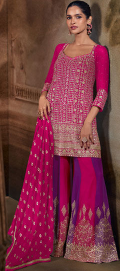 Pink and Majenta color Salwar Kameez in Georgette fabric with Embroidered, Sequence work