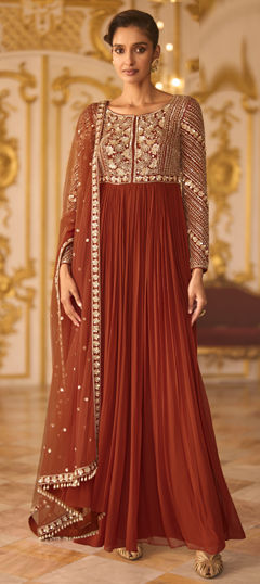 Orange color Gown in Georgette fabric with Bugle Beads, Embroidered, Sequence work