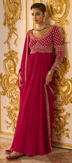 Pink and Majenta color Gown in Georgette fabric with Bugle Beads, Embroidered, Sequence work