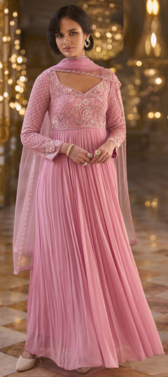 Pink and Majenta color Gown in Georgette fabric with Bugle Beads, Embroidered, Sequence work