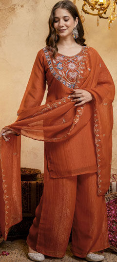 Orange color Salwar Kameez in Crushed Silk fabric with Embroidered, Gota Patti, Sequence, Thread work