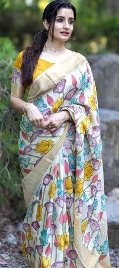 Beige and Brown color Saree in Linen fabric with Digital Print work