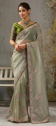 Green color Saree in Tissue fabric with Embroidered, Stone, Thread, Zari work