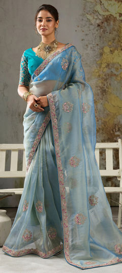 Blue color Saree in Tissue fabric with Embroidered, Stone, Thread, Zari work