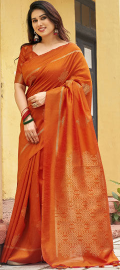 Orange color Saree in Raw Silk fabric with Weaving work