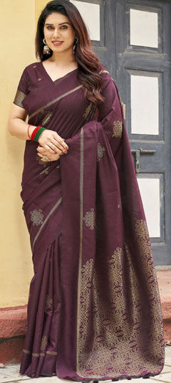 Beige and Brown color Saree in Raw Silk fabric with Weaving work