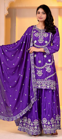 Purple and Violet color Salwar Kameez in Chinon Silk fabric with Embroidered, Sequence work