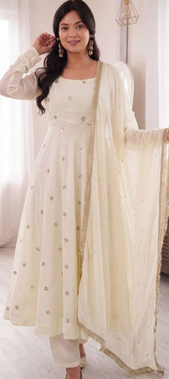 White and Off White color Salwar Kameez in Crepe Silk fabric with Embroidered, Sequence work