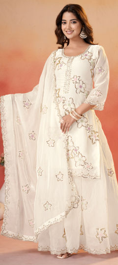 White and Off White color Salwar Kameez in Tissue fabric with Embroidered, Sequence, Zari work