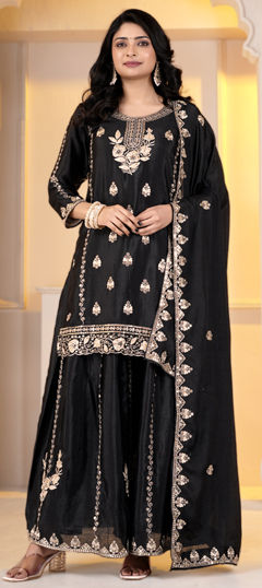 Black and Grey color Salwar Kameez in Tissue fabric with Embroidered, Sequence, Zari work