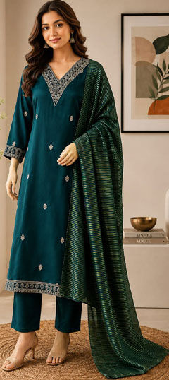 Blue color Salwar Kameez in Silk fabric with Embroidered work