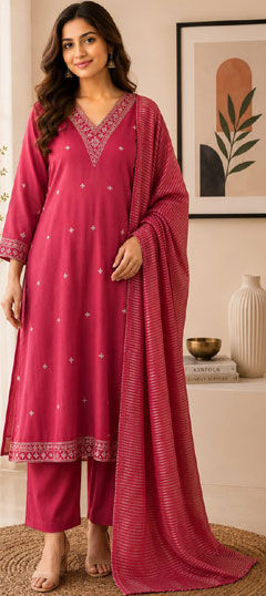 Pink and Majenta color Salwar Kameez in Silk fabric with Embroidered work