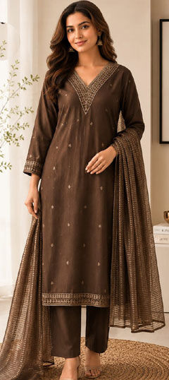 Beige and Brown color Salwar Kameez in Silk fabric with Embroidered work