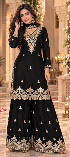 Black and Grey color Salwar Kameez in Chinon Silk fabric with Embroidered work