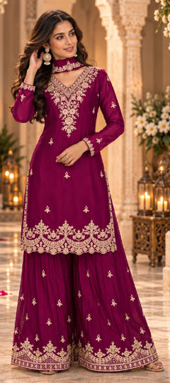 Pink and Majenta color Salwar Kameez in Chinon Silk fabric with Embroidered work