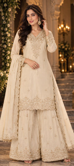 White and Off White color Salwar Kameez in Chinon Silk fabric with Embroidered work
