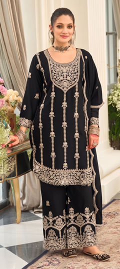 Black and Grey color Salwar Kameez in Chinon Silk fabric with Embroidered work