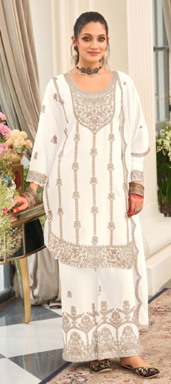 White and Off White color Salwar Kameez in Chinon Silk fabric with Embroidered work