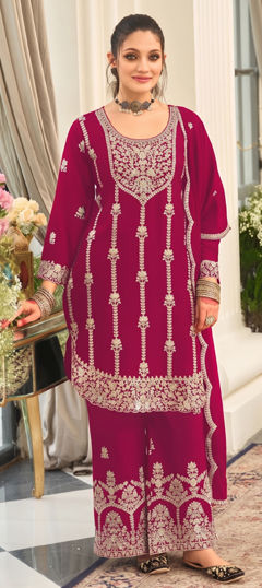 Pink and Majenta color Salwar Kameez in Chinon Silk fabric with Embroidered work