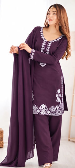 Purple and Violet color Salwar Kameez in Roman fabric with Embroidered work