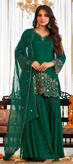 Green color Salwar Kameez in Chinon Silk fabric with Embroidered work