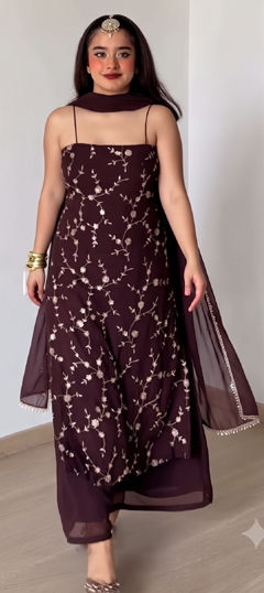 Red and Maroon color Salwar Kameez in Faux Georgette fabric with Embroidered, Sequence work