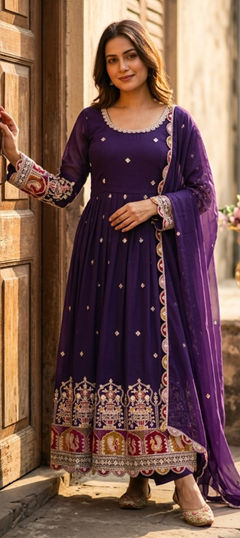 Purple and Violet color Salwar Kameez in Georgette fabric with Embroidered work