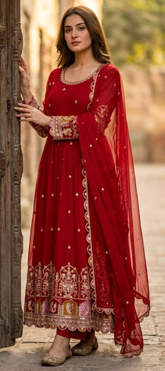 Pink and Majenta color Salwar Kameez in Georgette fabric with Embroidered work