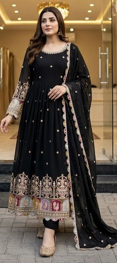 Black and Grey color Salwar Kameez in Georgette fabric with Embroidered work