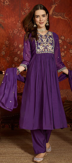 Purple and Violet color Salwar Kameez in Mul Chanderi fabric with Embroidered work
